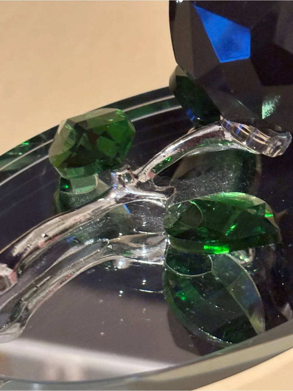 Decorative Glass Black Rose Figurine on a Mirror Base